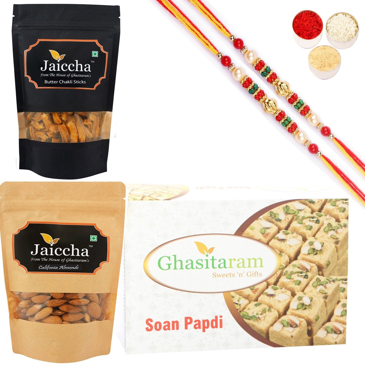 Ghasitaram Soan Papdi, Butter Chakli Sticks and Almonds With 2 Pearl Beads Rakhis - Altcheeni