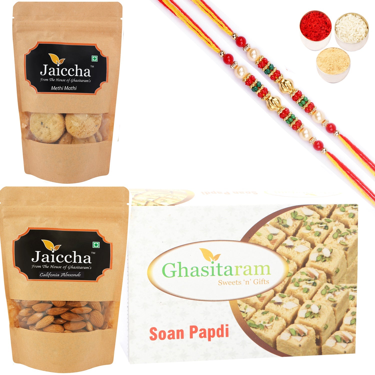 Ghasitaram Soan Papdi, Methi Mathi and Almonds With 2 Pearl Beads Rakhis - Altcheeni