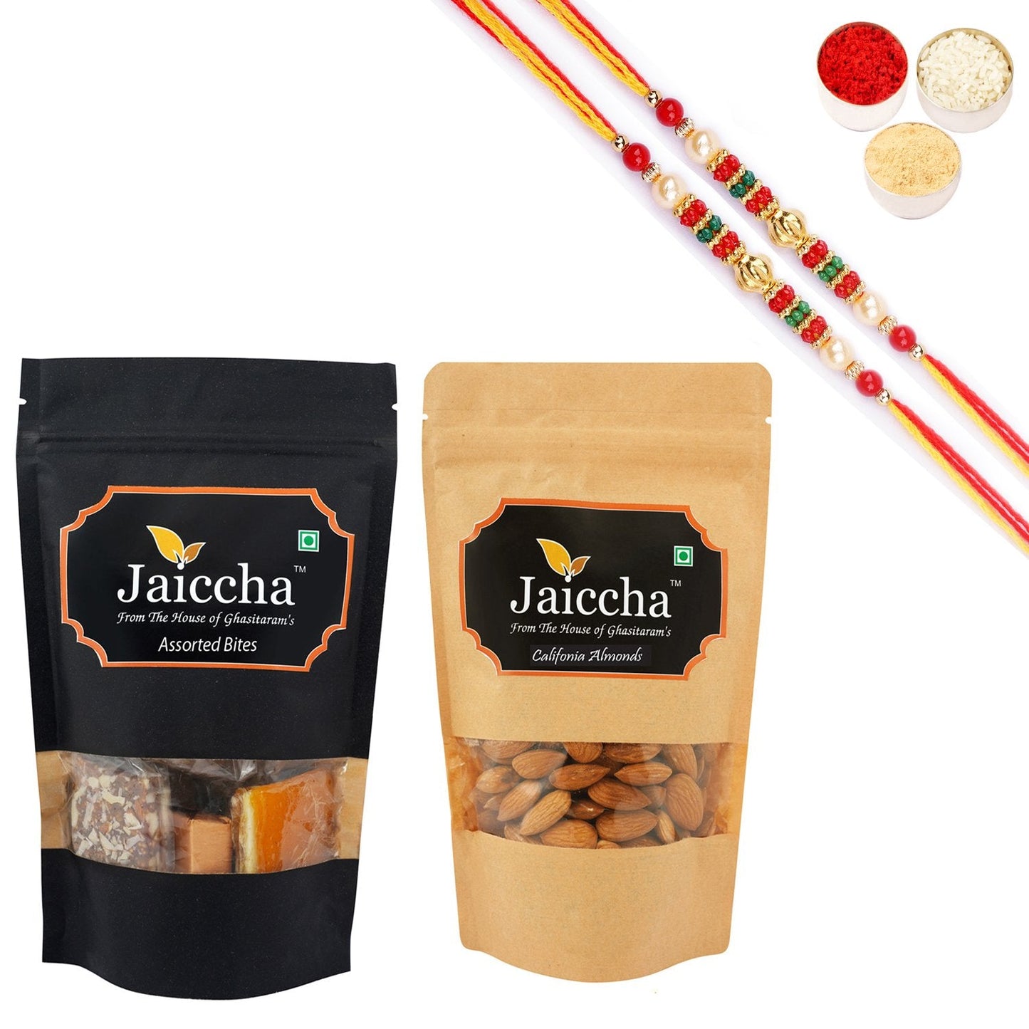 Ghasitaram Assorted Bites, Almonds With 2 Pearl Beads Rakhis | Swadesiicart