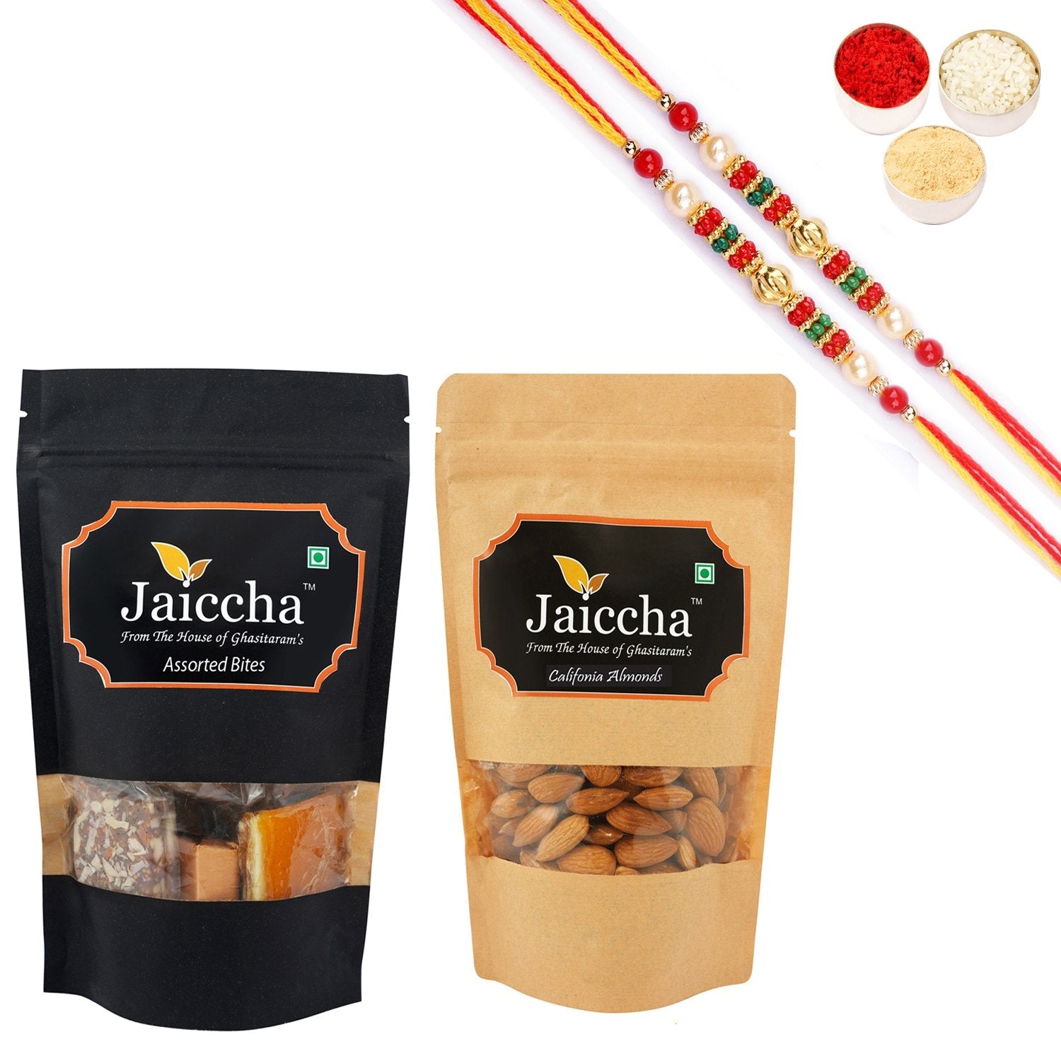 Ghasitaram Assorted Bites, Almonds With 2 Pearl Beads Rakhis | Swadesiicart