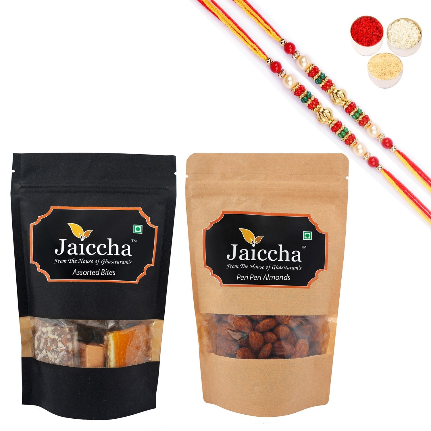Ghasitaram Assorted Bites, Peri Peri Almonds With 2 Pearl Beads Rakhis | Swadesiicart
