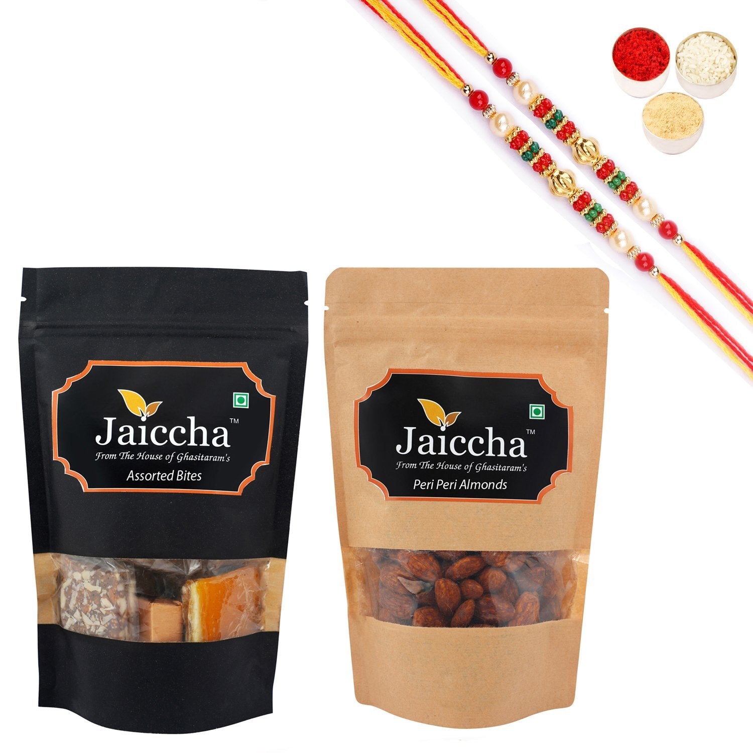 Ghasitaram Assorted Bites, Peri Peri Almonds With 2 Pearl Beads Rakhis | Swadesiicart