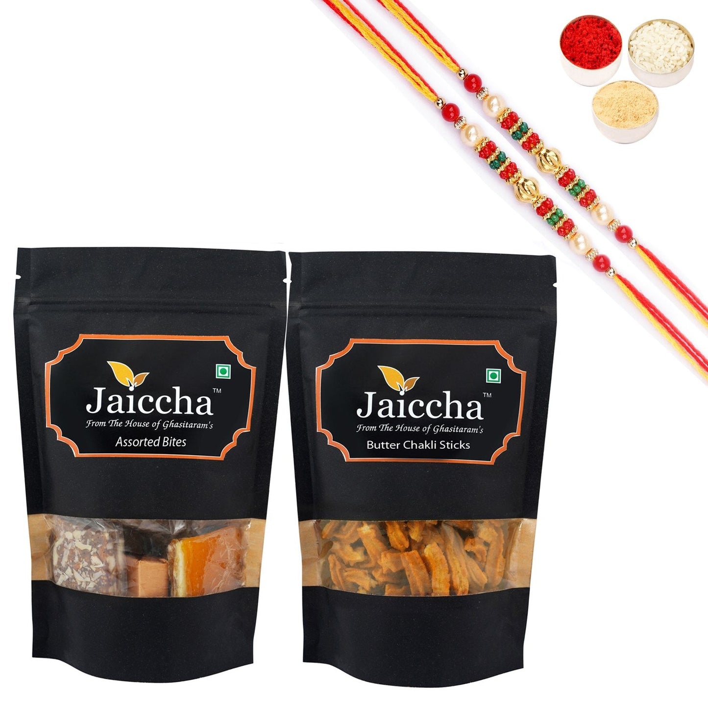 Ghasitaram Assorted Bites and Butter Chakli Sticks With 2 Pearl Beads Rakhis - Altcheeni