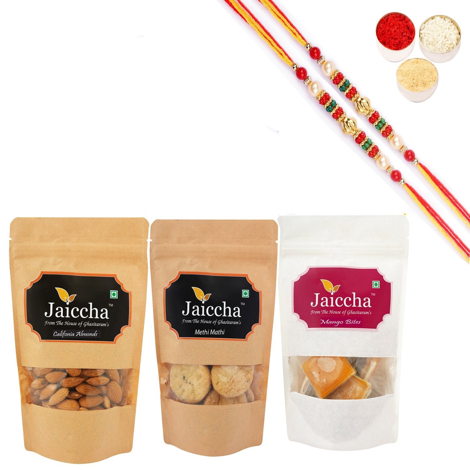 Ghasitaram jaiccha Mango Bites, Methi Mathi and Almonds With 2 Pearl Beads Rakhis | Swadesiicart