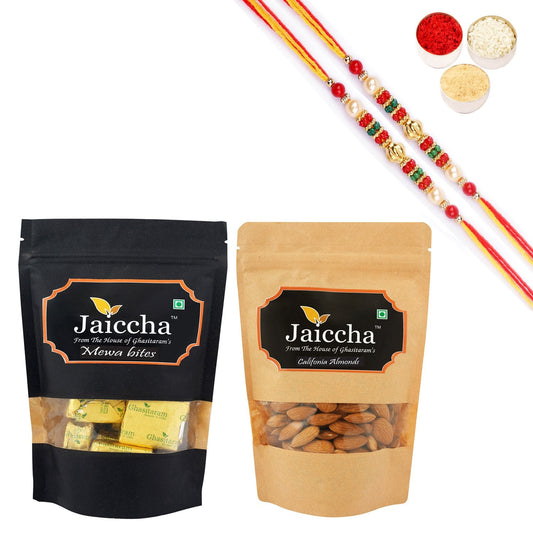 Ghasitaram Mewa Bites, Almonds With 2 Pearl Beads Rakhis | Swadesiicart