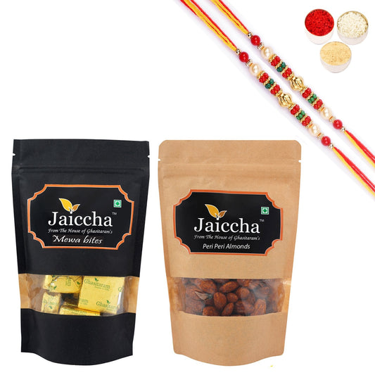 Ghasitaram Mewa Bites, Peri Peri Almonds With 2 Pearl Beads Rakhis | Swadesiicart