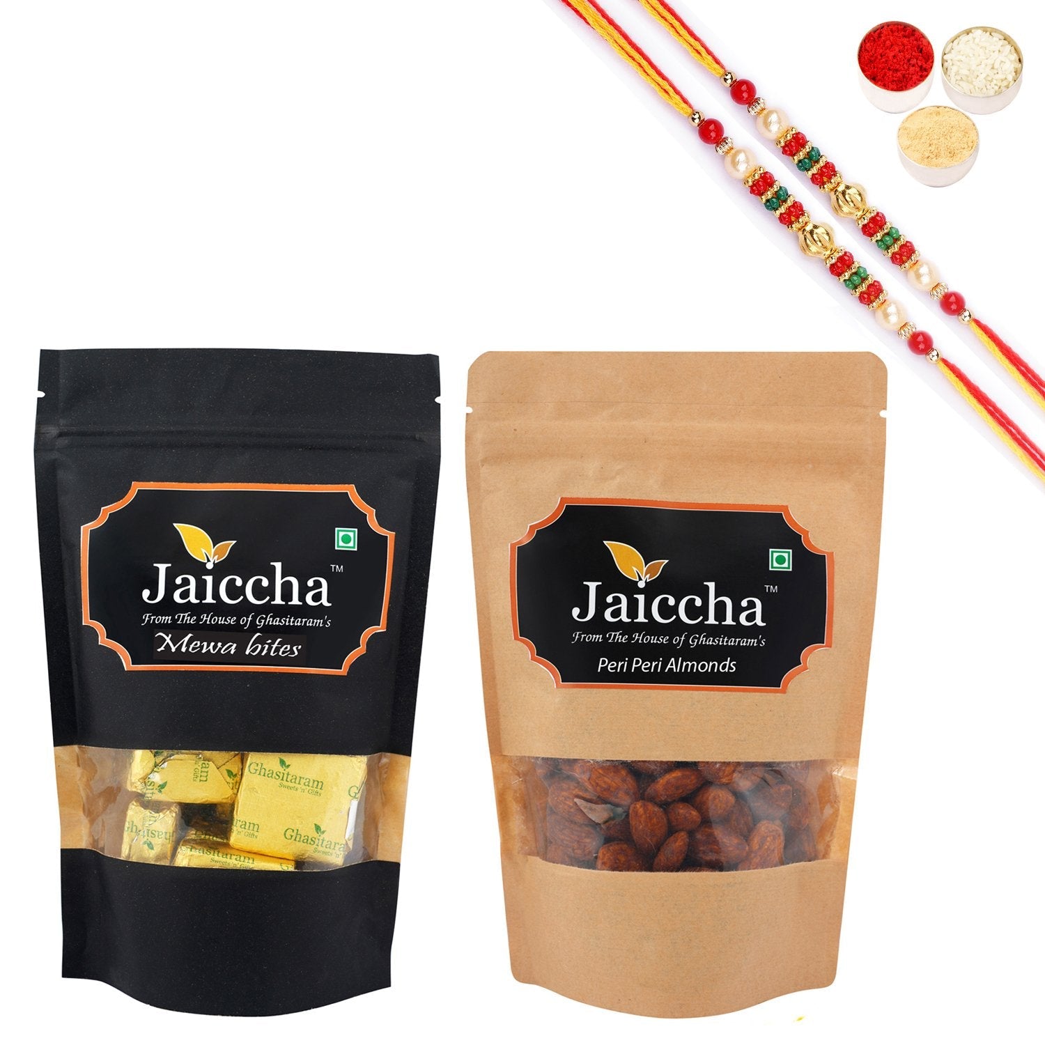 Ghasitaram Mewa Bites, Peri Peri Almonds With 2 Pearl Beads Rakhis | Swadesiicart