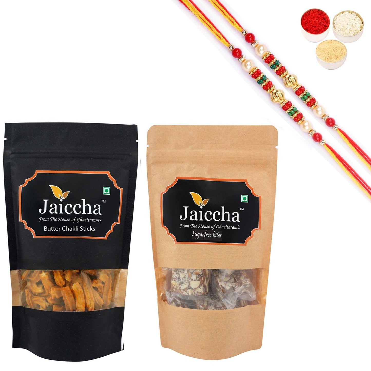 Ghasitaram Suagrfree Bites and Butter Chakli Sticks With 2 Pearl Beads Rakhis | Swadesiicart
