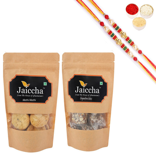 Ghasitaram Suagrfree Bites and Methi Mathi With 2 Pearl Beads Rakhis | Swadesiicart
