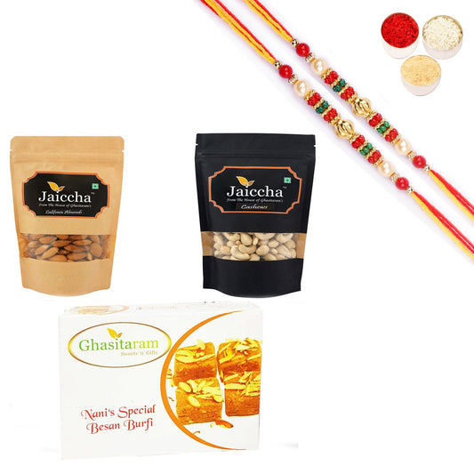 Ghasitaram Almonds,Cashews and Besan Barfi With Pearl Beads Rakhi | Swadesiicart