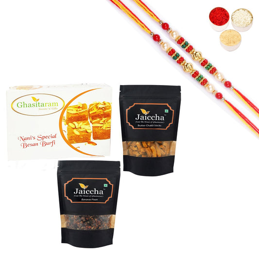 Ghasitaram Besan Barfi,Butter Chakli Sticks and Banarsi Paan With Pearl Beads Rakhi | Swadesiicart