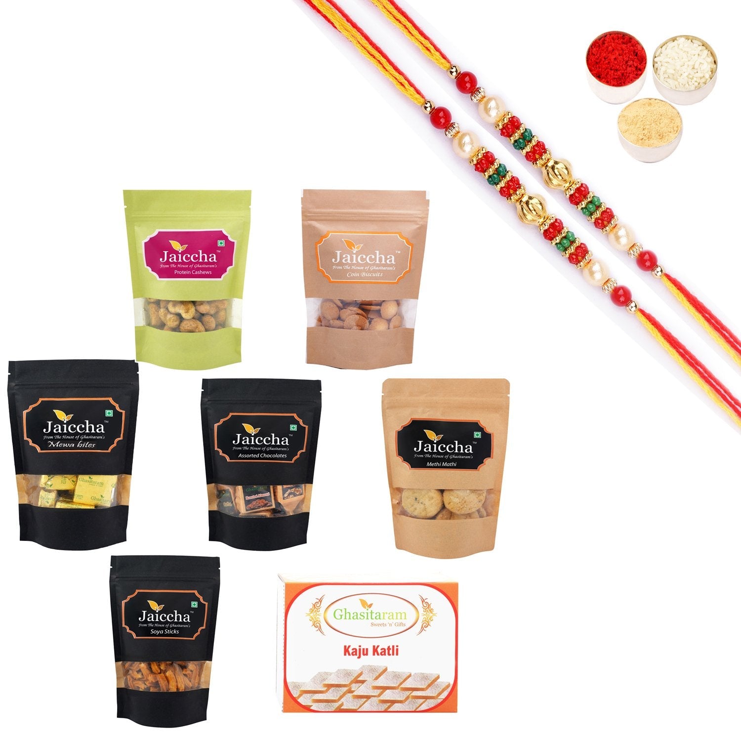 Ghasitaram Best of 7 Sweets and Snacks Combo with Pearl Beads Rakhi | Swadesiicart