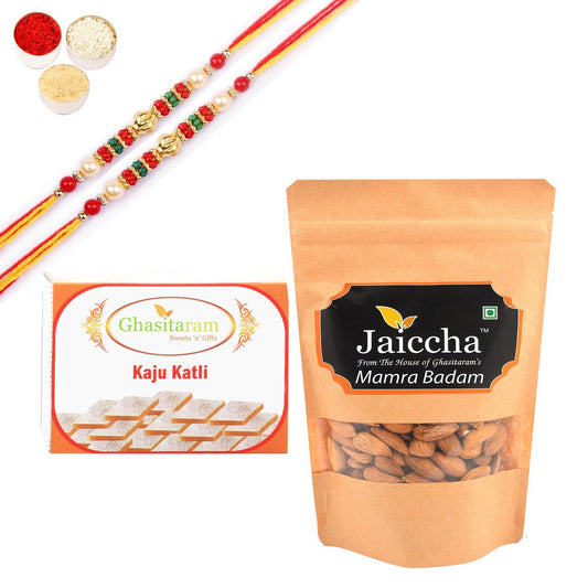 Ghasitaram Kaju Katlis,and Mamra Almonds With Pearl Beads Rakhi | Swadesiicart