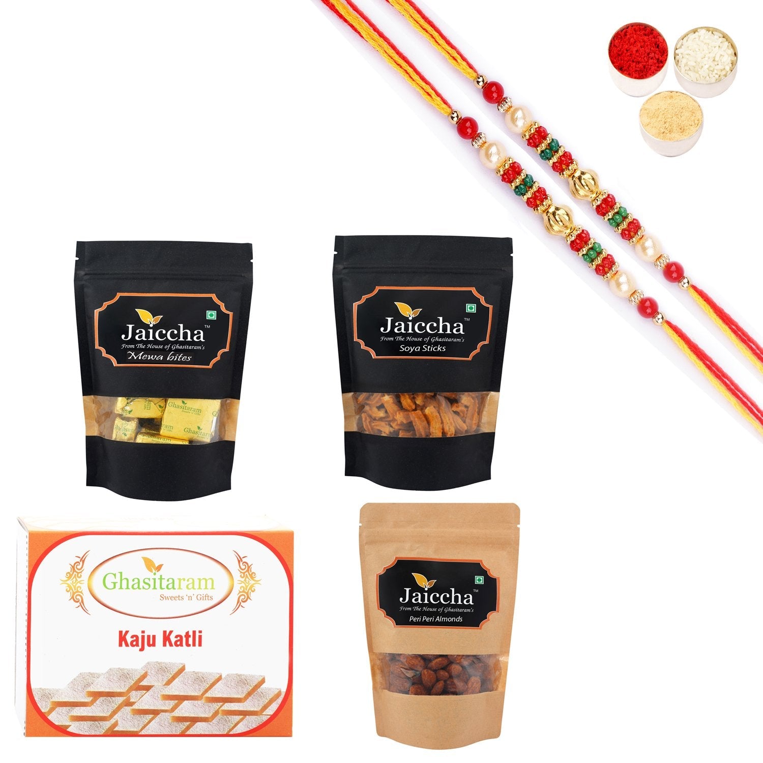 Ghasitaram Kaju Katli,Mewa Bites Pouch,Soya Sticks Pouch and Flavoured Almonds Pouch With Pearl Beads Rakhi | Swadesiicart
