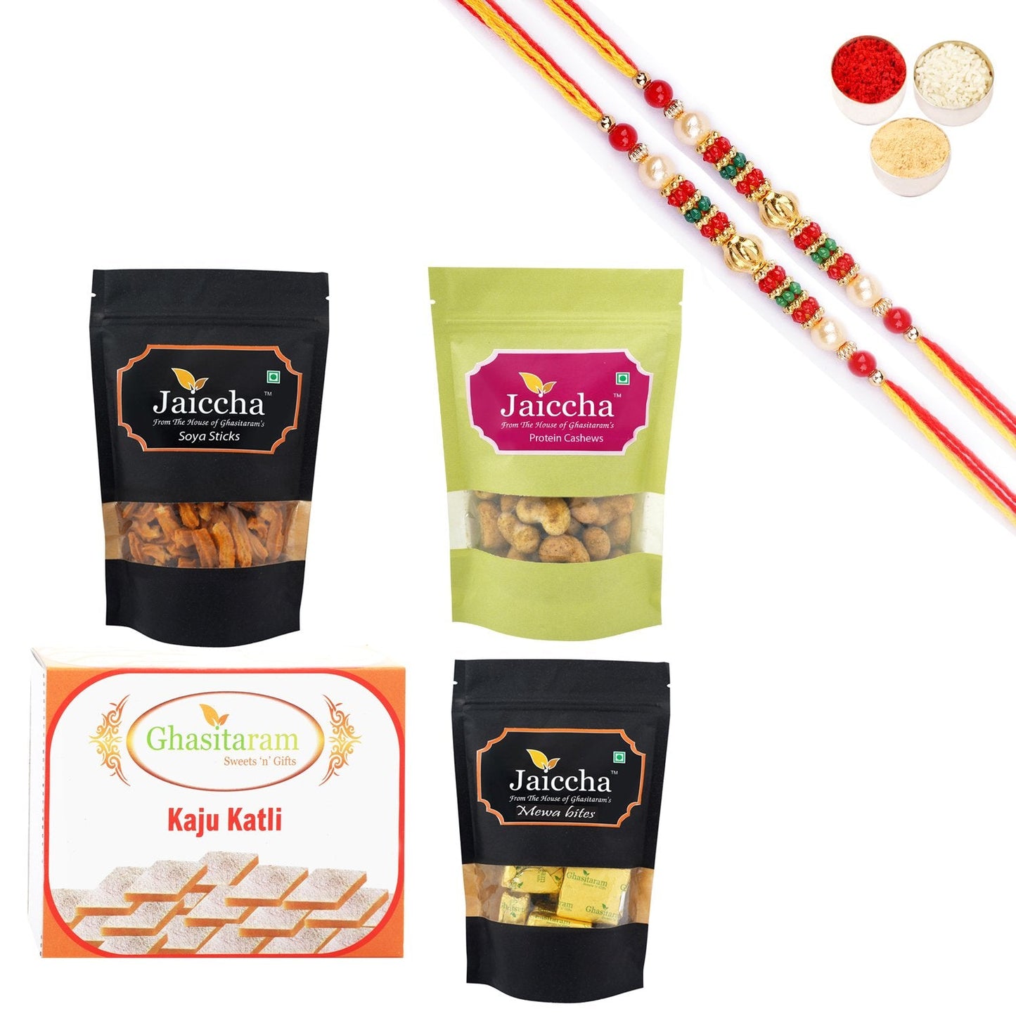 Ghasitaram Kaju Katli,Mewa Bites Pouch,Soya Sticks Pouch and Protein Cashews Pouch With Pearl Beads Rakhi | Swadesiicart