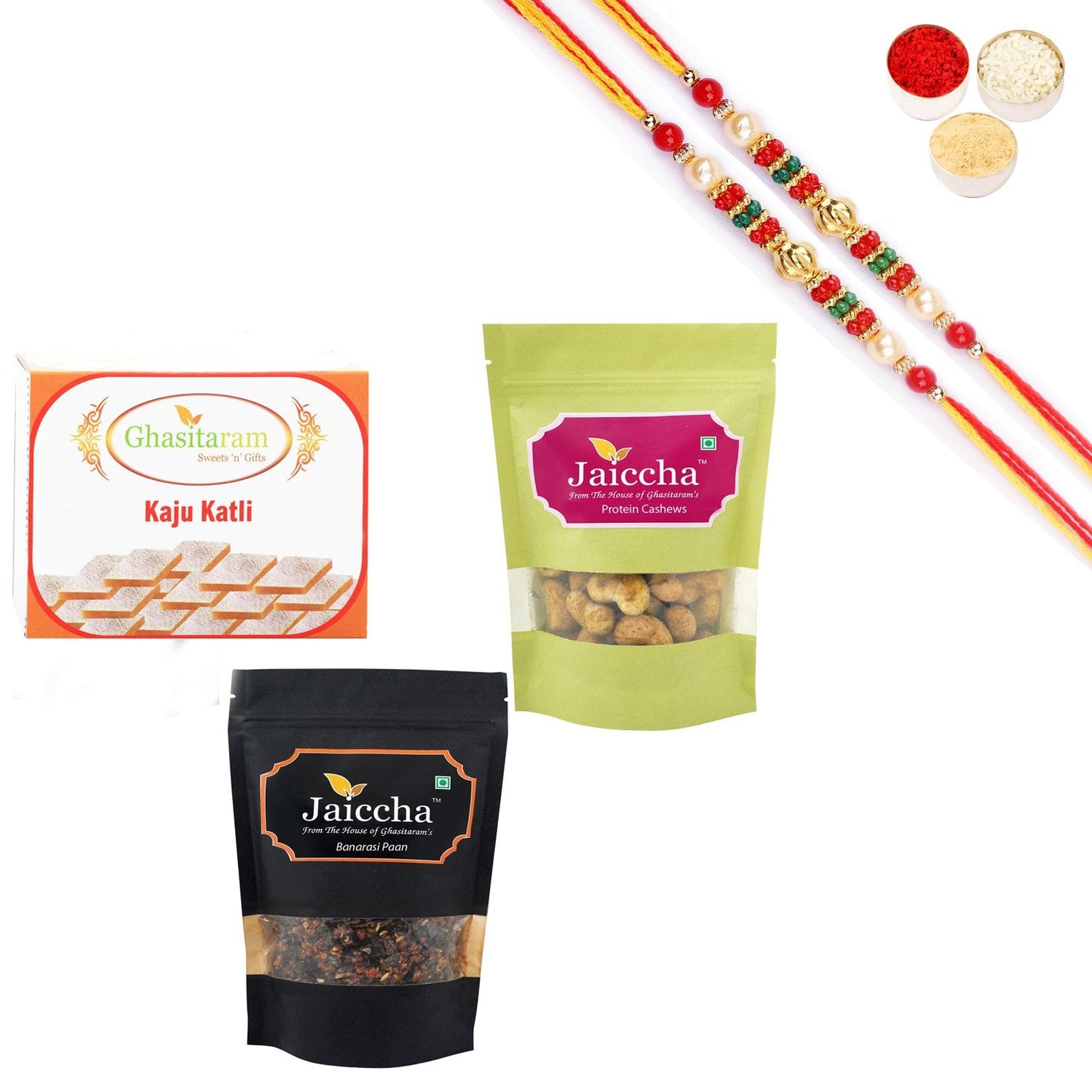Ghasitaram Kaju Katlis,Protein Cashews and Banarsi Paan With Pearl Beads Rakhi | Swadesiicart
