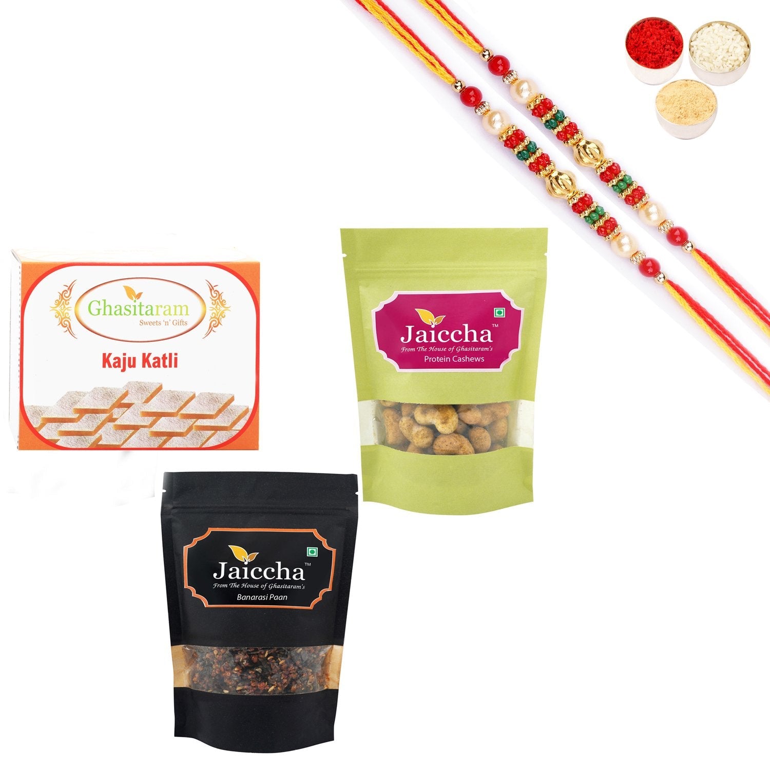 Ghasitaram Kaju Katlis,Protein Cashews and Banarsi Paan With Pearl Beads Rakhi | Swadesiicart