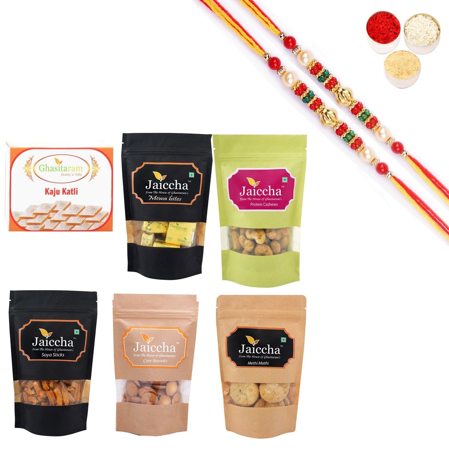 Ghasitaram Best of 6 Sweets and Snacks Combo with Pearl Beads Rakhi | Swadesiicart