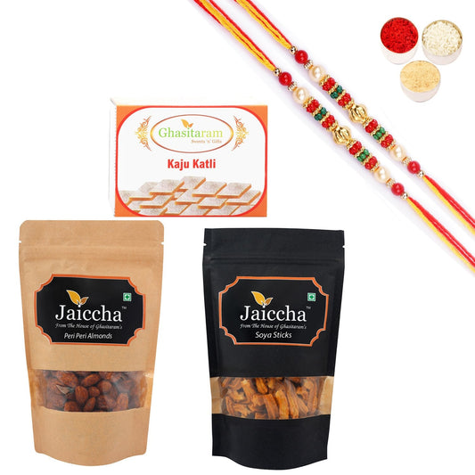 Ghasitaram Kaju Katli,Soya Sticks Pouch and Peri Peri Almonds Pouch With Pearl Beads Rakhi | Swadesiicart