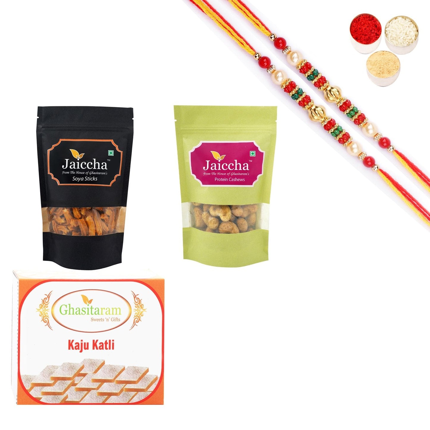 Ghasitaram Kaju Katli,Soya Sticks Pouch and Protein Cashews Pouch With Pearl Beads Rakhi | Swadesiicart