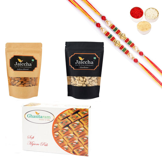 Ghasitaram Almonds,Cashews and Mysore Pak With Pearl Beads Rakhi | Swadesiicart