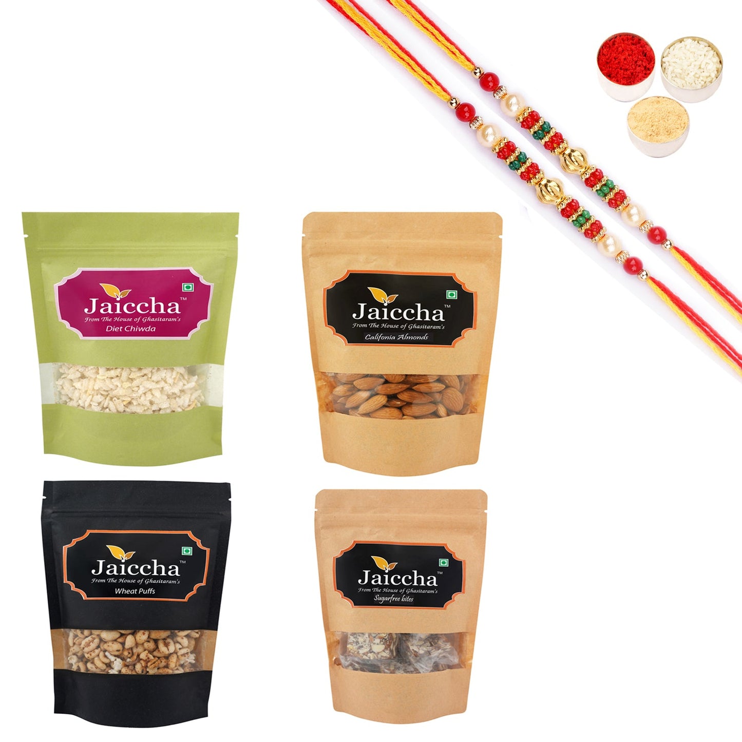 Ghasitaram Healthy Hamper Sugarfree Anjeer Bites; Wheat puffs,Diet Chiwda and Almonds With Pearl Beads Rakhi | Swadesiicart