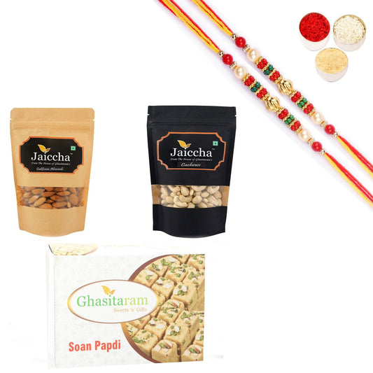 Ghasitaram Almonds,Cashews and Soan Papdi With Pearl Beads Rakhi | Swadesiicart