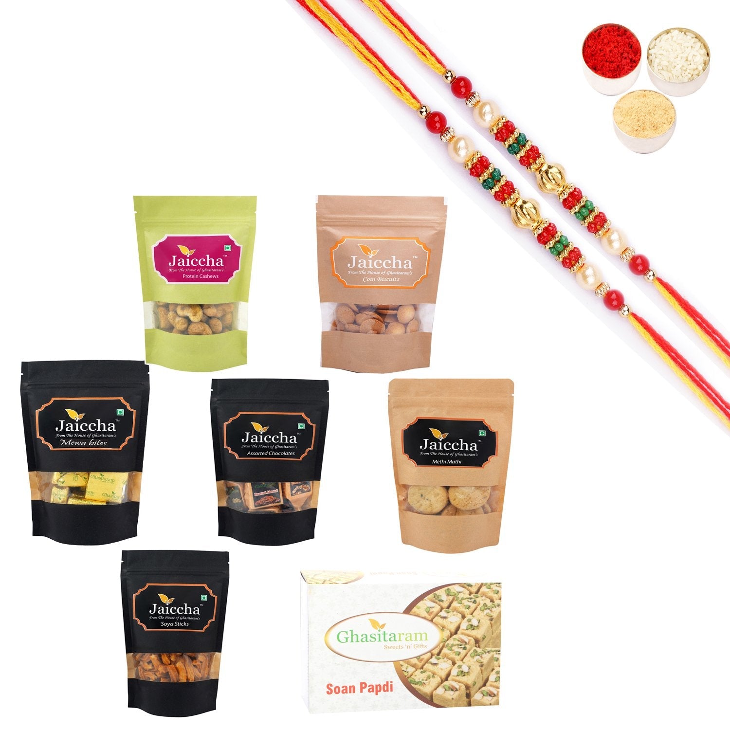 Ghasitaram Best of 7 Sweets and Snacks with Pearl Beads Rakhi Combo | Swadesiicart