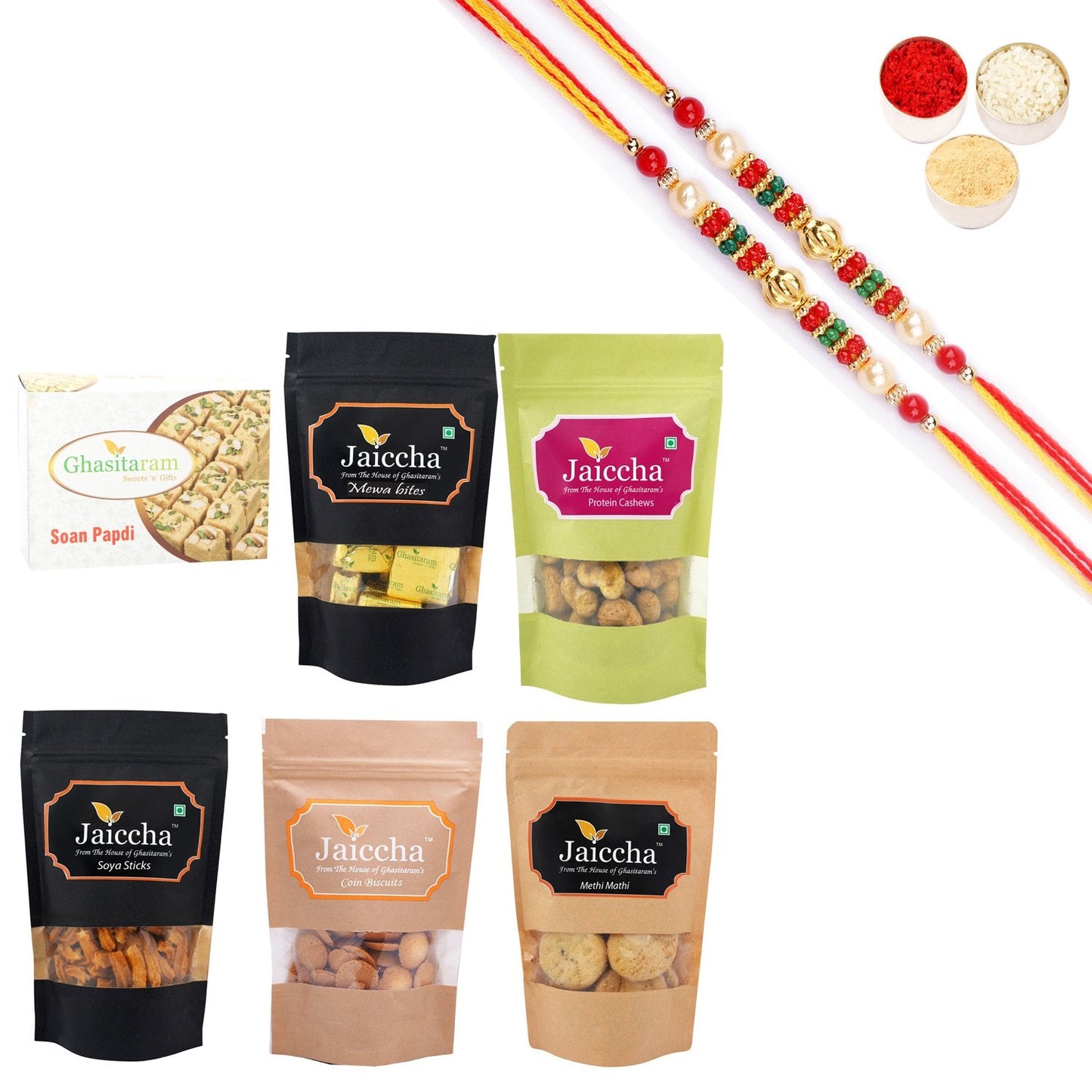 Ghasitaram Best of 6 Sweets and Snacks with Pearl Beads Rakhi Combo | Swadesiicart