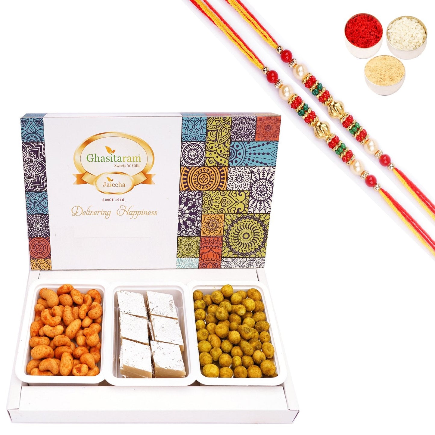 Ghasitaram Assorted Festive Box of Kaju Katli,Crunchy Cashews,Crunchy Peanuts | Swadesiicart