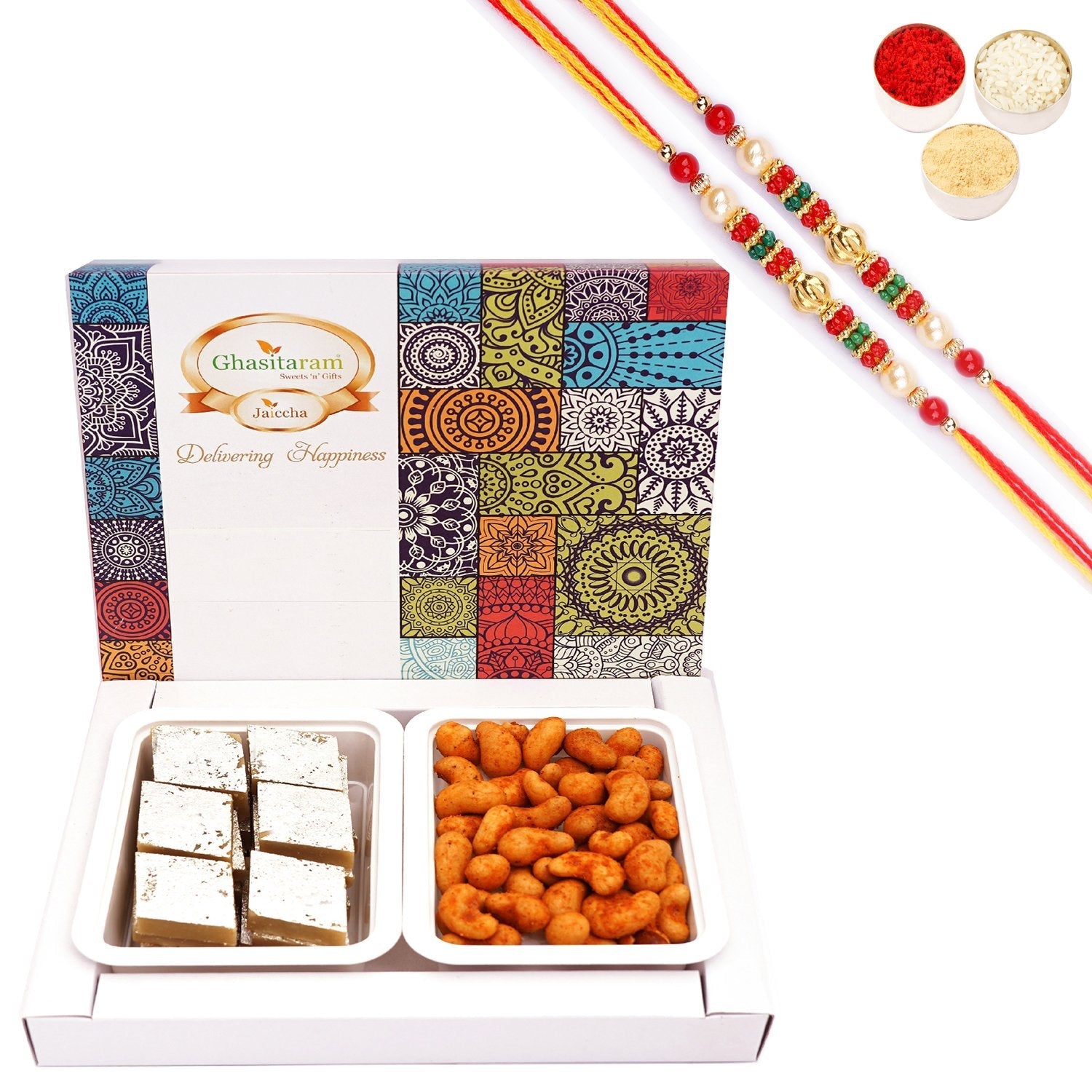 Ghasitaram Festive Box of Kaju Katli and Crunchy Cashews With 2 Pearl Beads Rakhis | Swadesiicart
