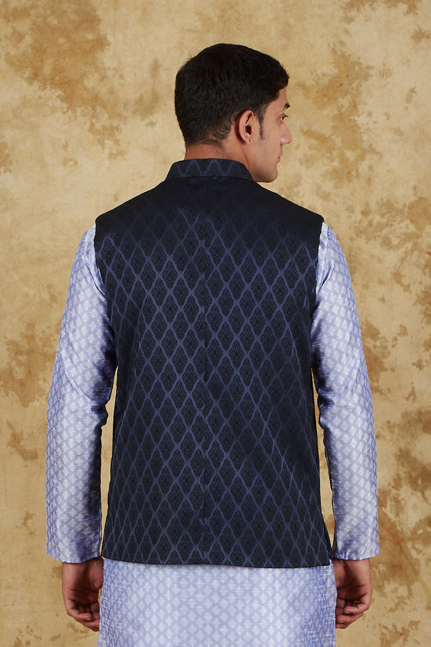 Bluesaanchi Men's Jacquard Prussian Blue Waistcoat | Swadesiicart
