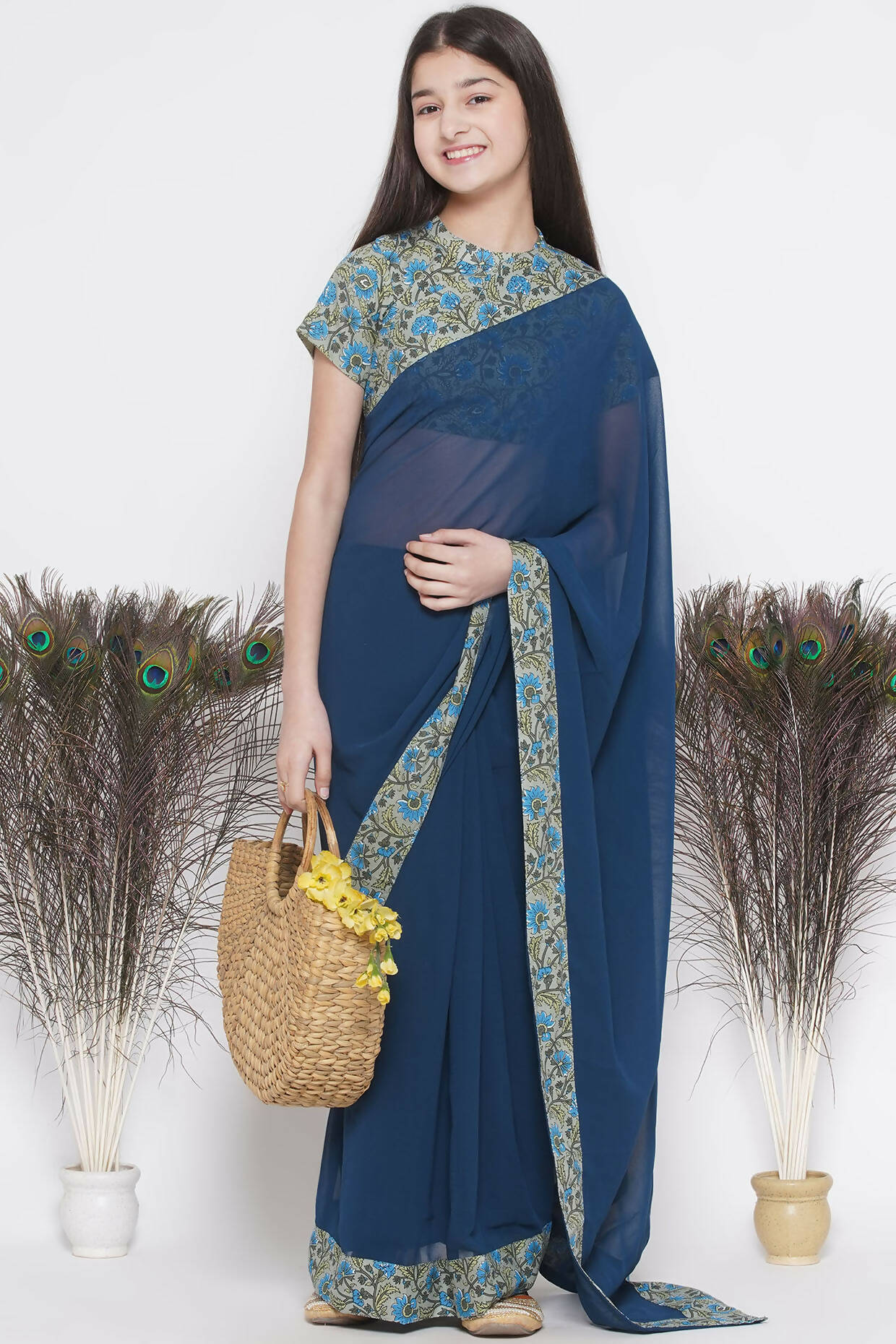 Little Bansi Floral Print Ready To Wear Saree And Floral Blouse - Blue | Swadesiicart