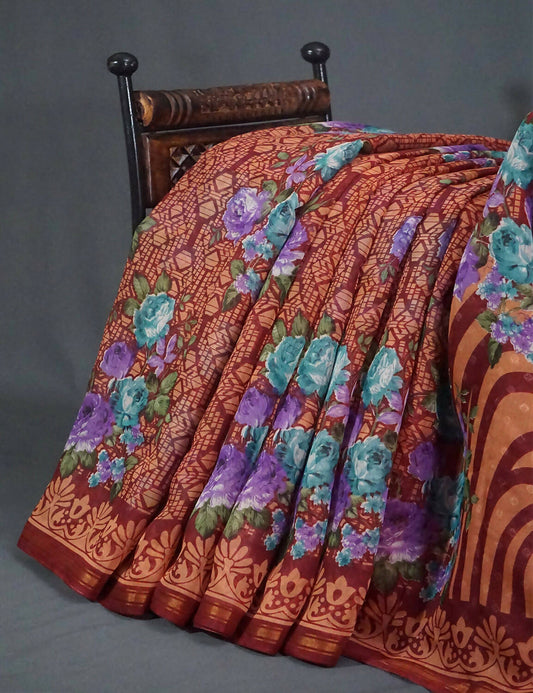 Shades Of Peppy Red Floral Design Semi Chanderi Saree By Gayathri Reddy Designer Studio | Swadesiicart