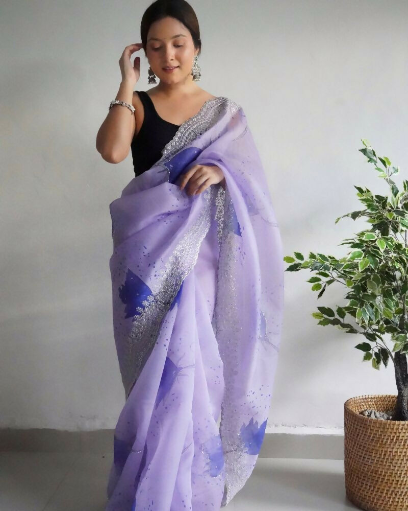 Vamsee Shirovastra Print Lavender Organza Saree - Swadesiicart
