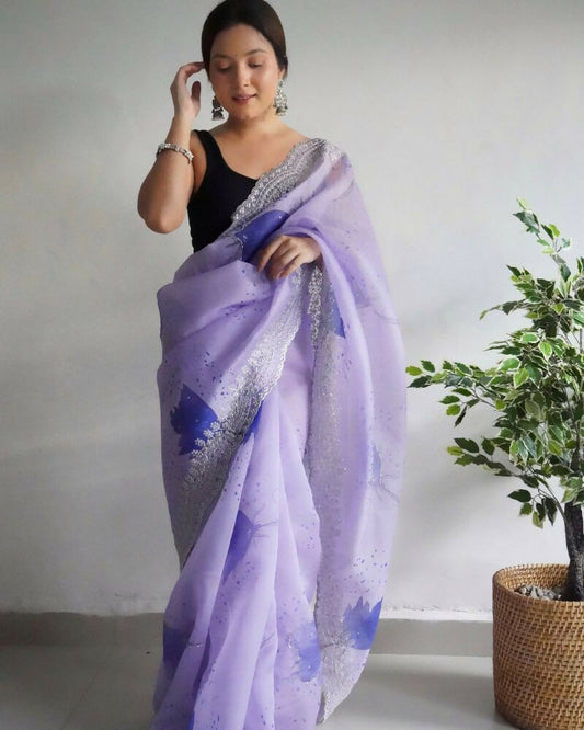 Vamsee Shirovastra Print Lavender Organza Saree - Swadesiicart