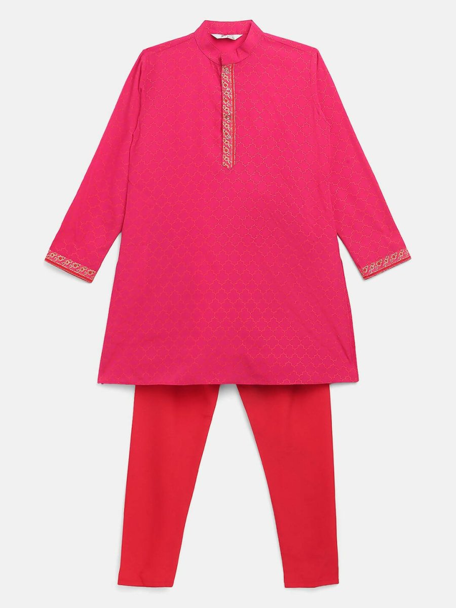 Ahalyaa Pink Crepe Orange Khari Print Kids Kurta Churidar Set For Boys | Swadesiicart