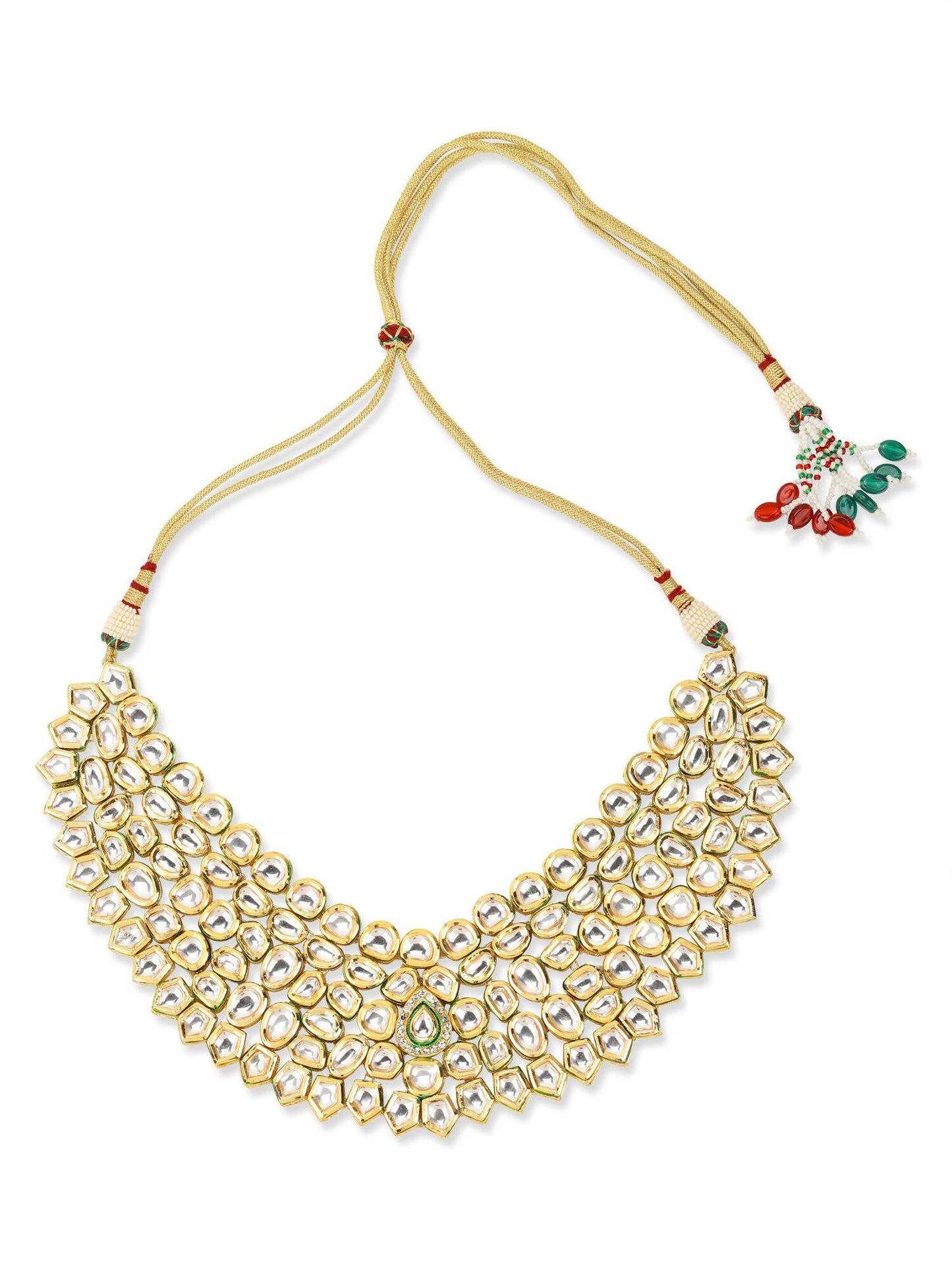 Gold-Polished Maharani Kundan Neckpiece With Earrings And Maang Tikka - Ruby Raang - Swadesiicart