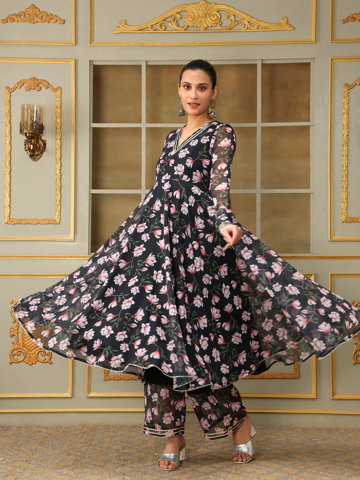 Pomcha Jaipur Black Saadgi Pink Lotus Anarkali Set | Swadesiicart