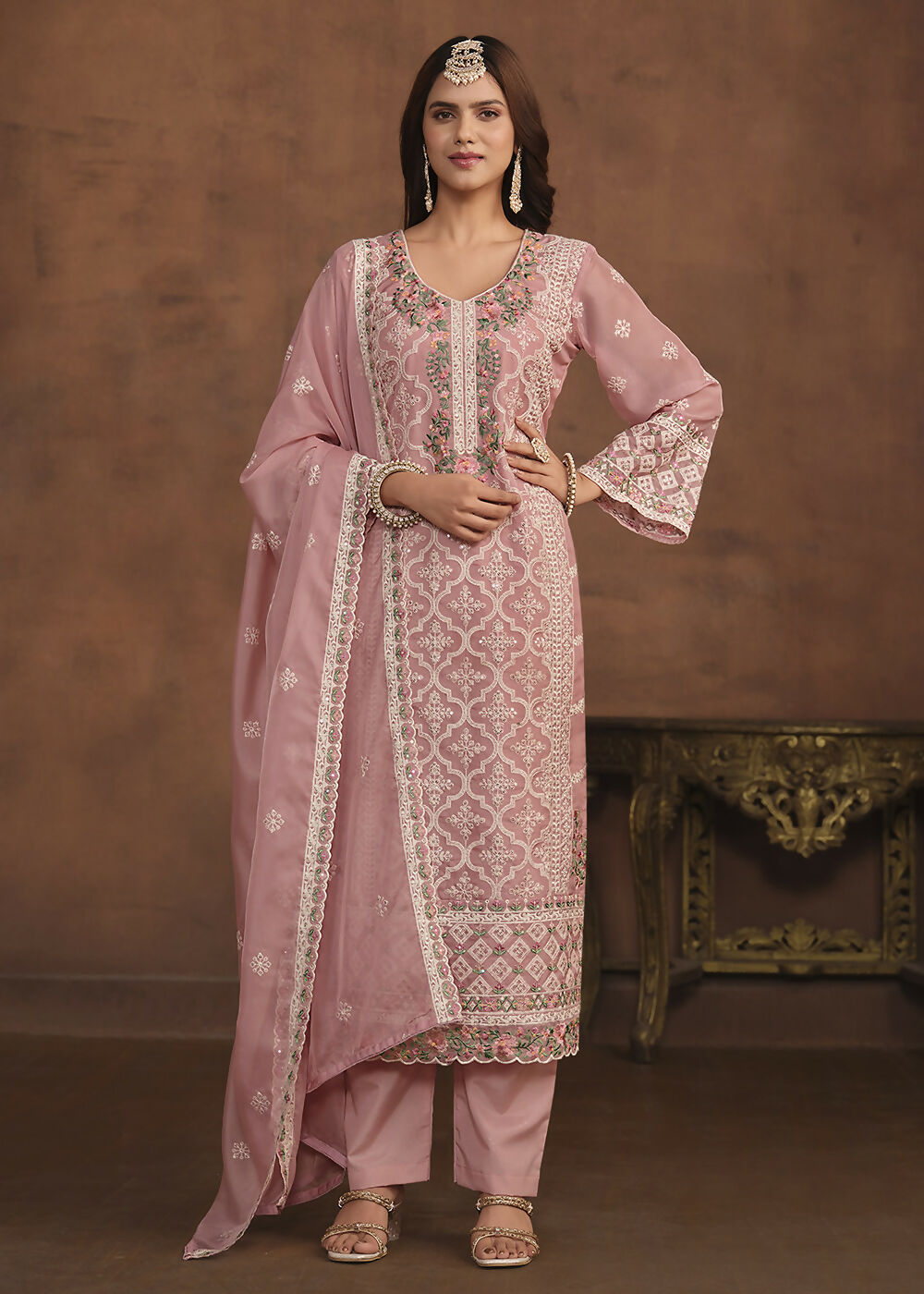 Blush Pink Soft Organza Embroidered Festive Salwar Suit - Emponline | Swadesiicart