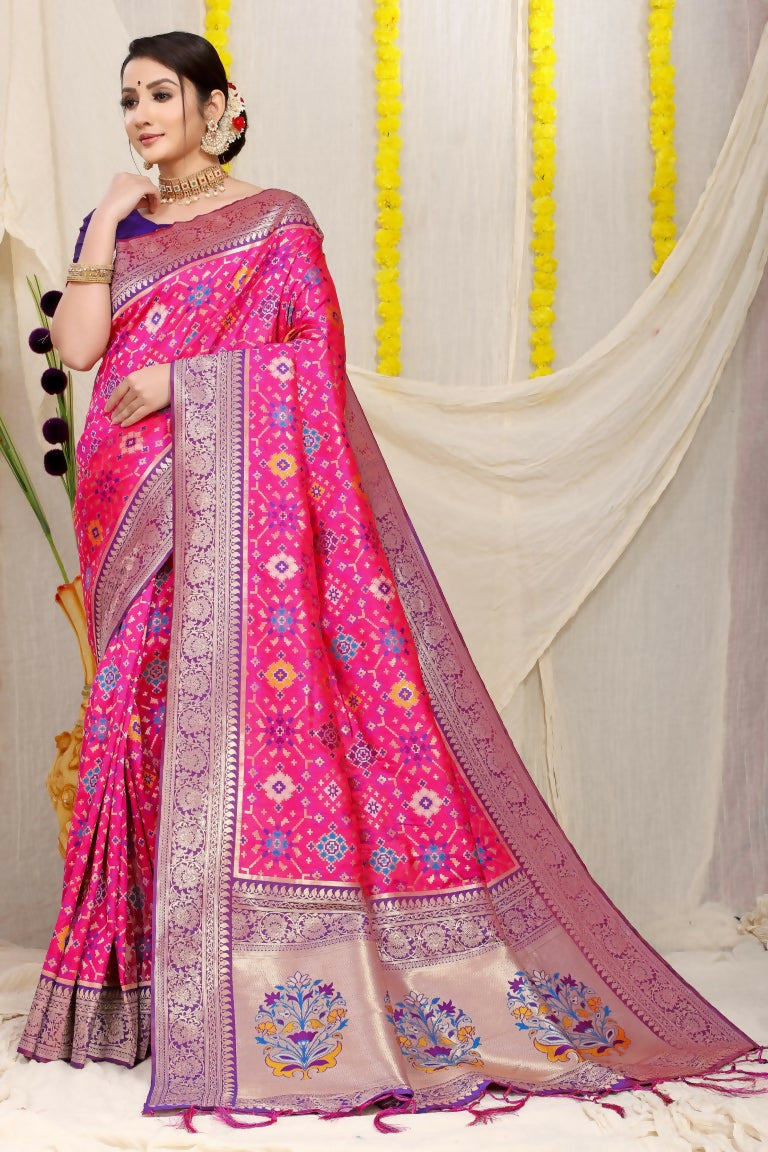 Jyoti Fashion Women's Rani Pink Patola Silk Zari Woven Saree with Blouse | Swadesiicart