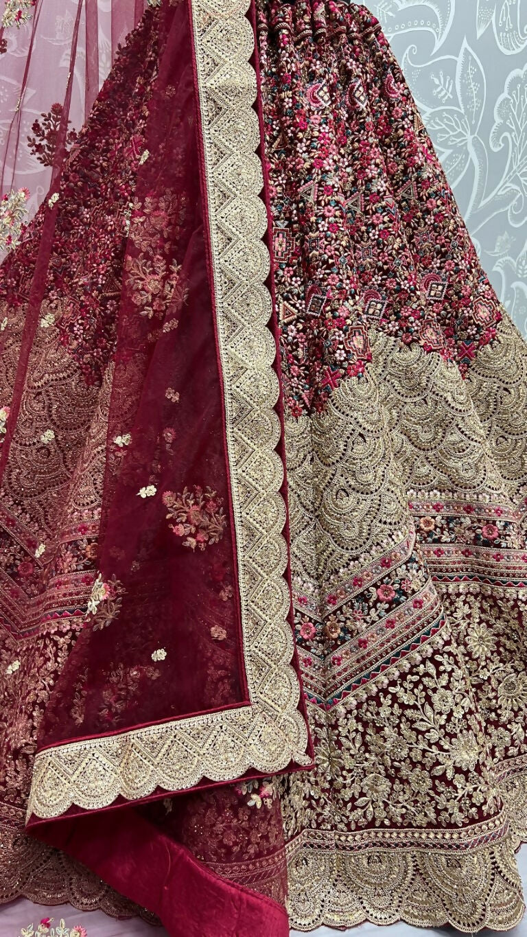 Jyoti Fashion Women's Maroon Velvet Fancy Dori & Sequins Multi Thread Embroidered with Diamond Work Wedding Lehenga Choli | Swadesiicart