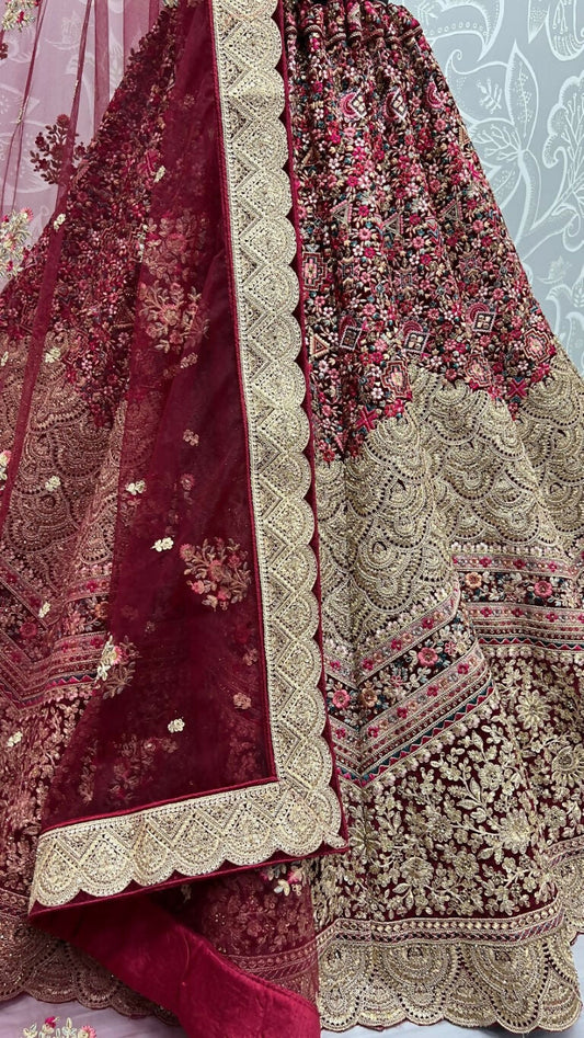 Jyoti Fashion Women's Maroon Velvet Fancy Dori & Sequins Multi Thread Embroidered with Diamond Work Wedding Lehenga Choli | Swadesiicart