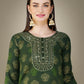 Jyoti Fashion Women's Dark Green Cotton Magic Slub Embroidery & Sequence work Kurta with Trouser & Dupatta | Swadesiicart