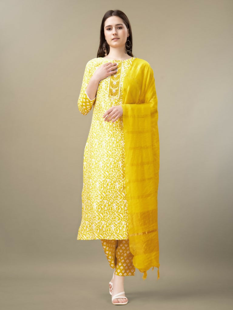 Jyoti Fashion Women's Yellow Rayon Embroidery & Sequence work Kurta with Trouser & Dupatta | Swadesiicart