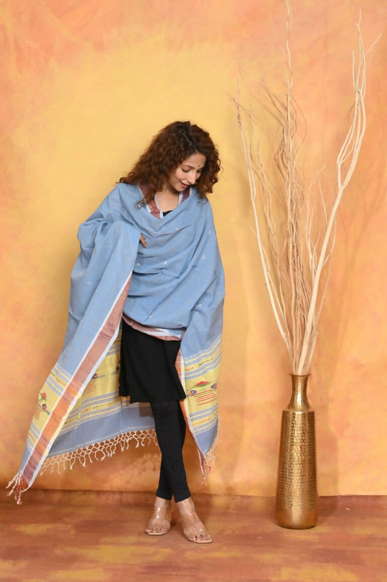 Very Much Indian Handloom Pure Cotton Paithani Dupatta - Powder Blue | Swadesiicart