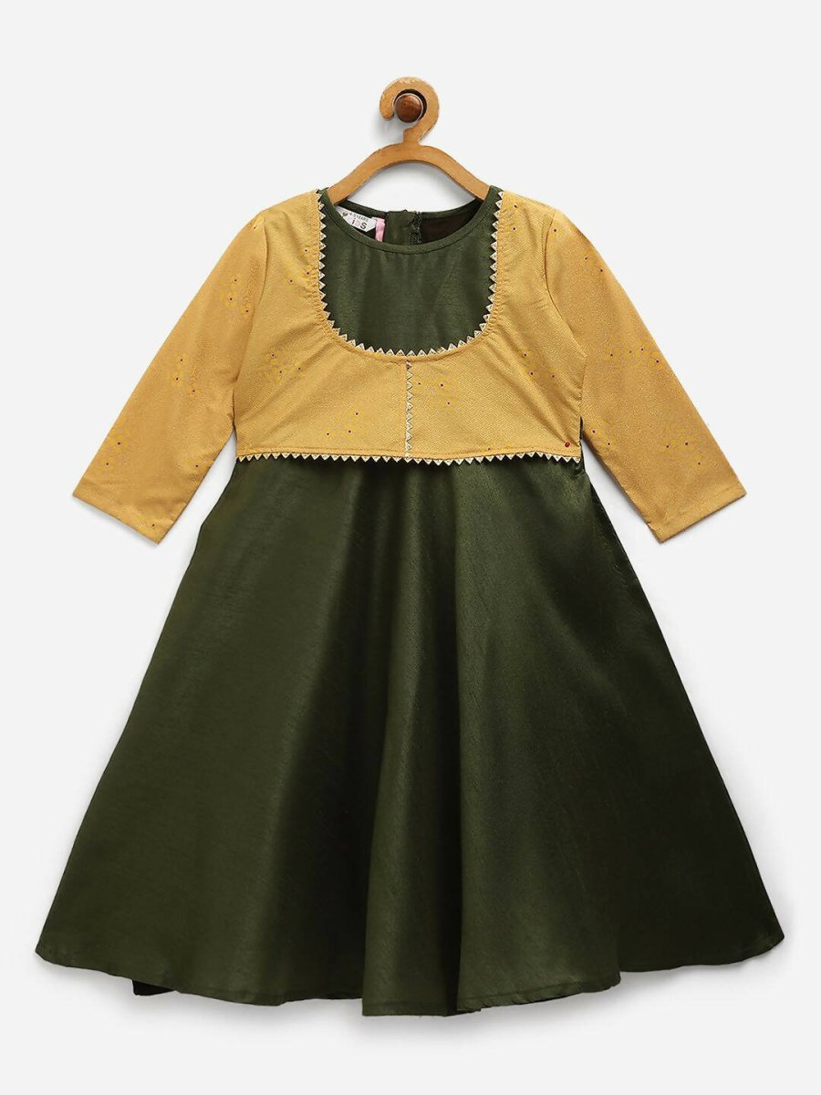 Ahalyaa Green Poly Silk Solid Kids Kurta With Printed Jacket For Girls | Swadesiicart