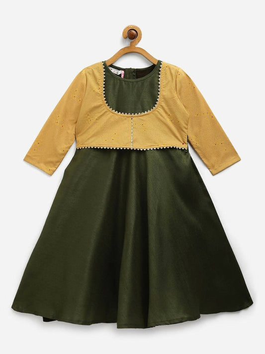 Ahalyaa Green Poly Silk Solid Kids Kurta With Printed Jacket For Girls | Swadesiicart