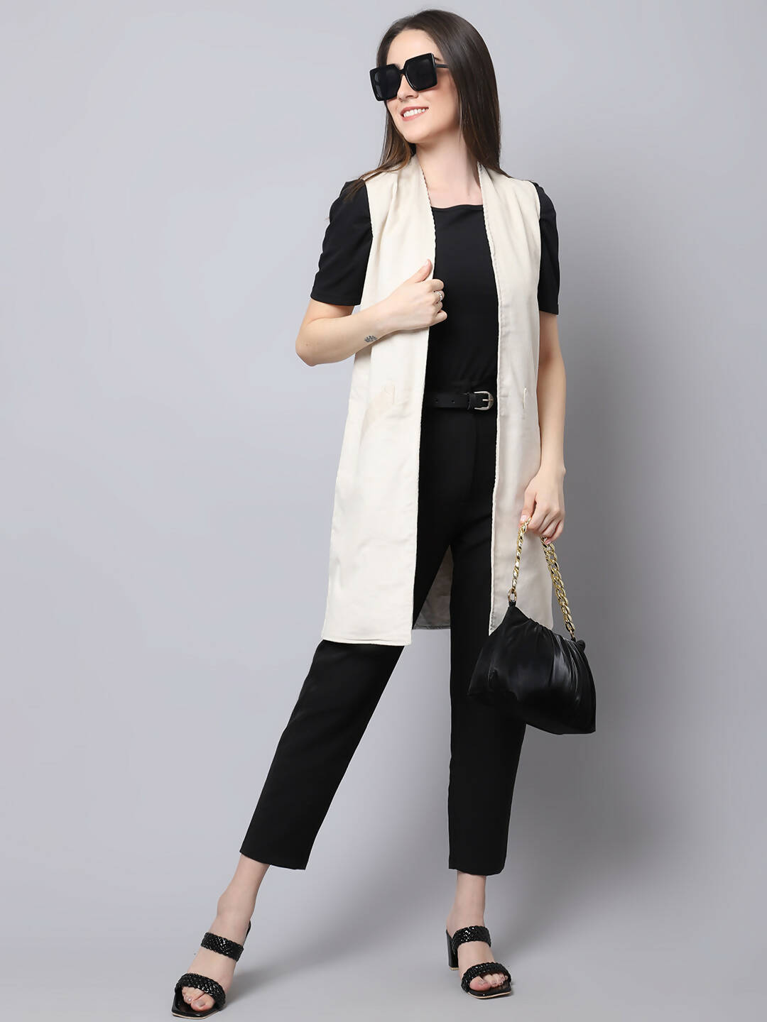 Even Apparels White Polywool Open Front Corduroy Women's Long Coat | Swadesiicart