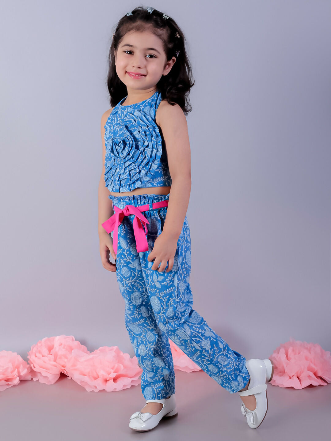 Lil Drama Jaipur Girls Blue Printed Top with Printed Pant Co-ordinate Set - Swadesiicart